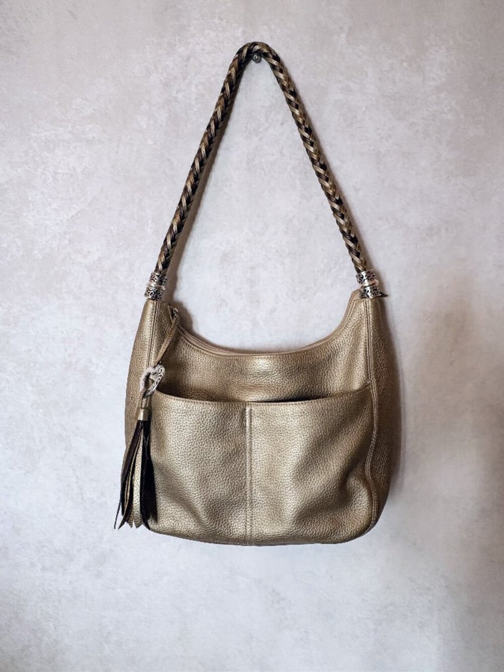 Brighton Womens Barbados Ziptop Hobo Bag Metallic Gold Leather Shoulder Purse
